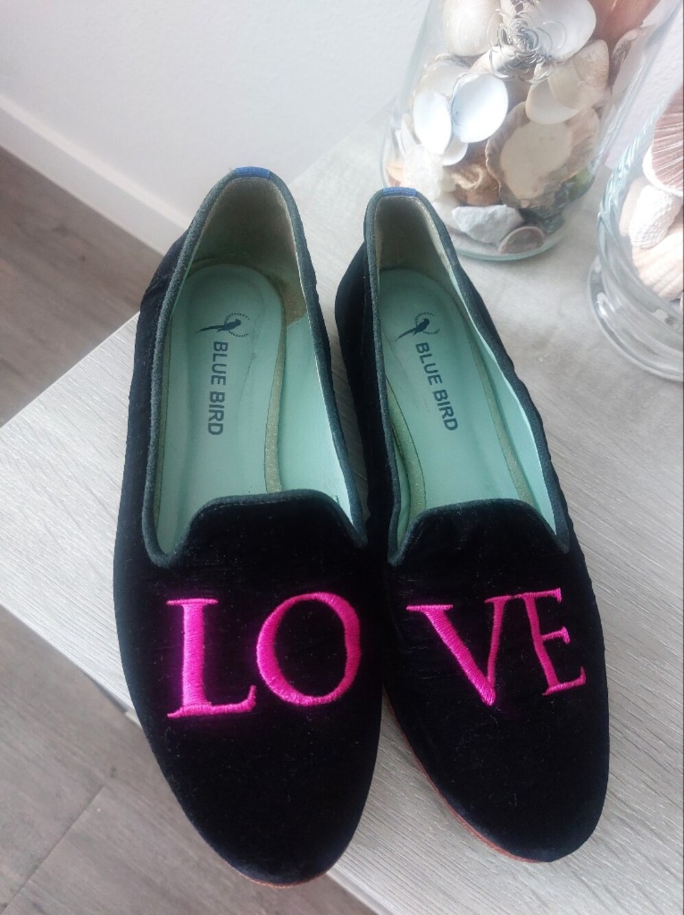 "Blue Bird" Black Velvet Flats with Pink LOVE Embroidery Size: USA (6B) EUR:37